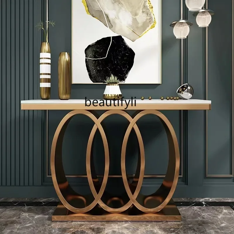 

Stainless steel Italian light luxury simple marble entrance table against the wall entrance platform9344