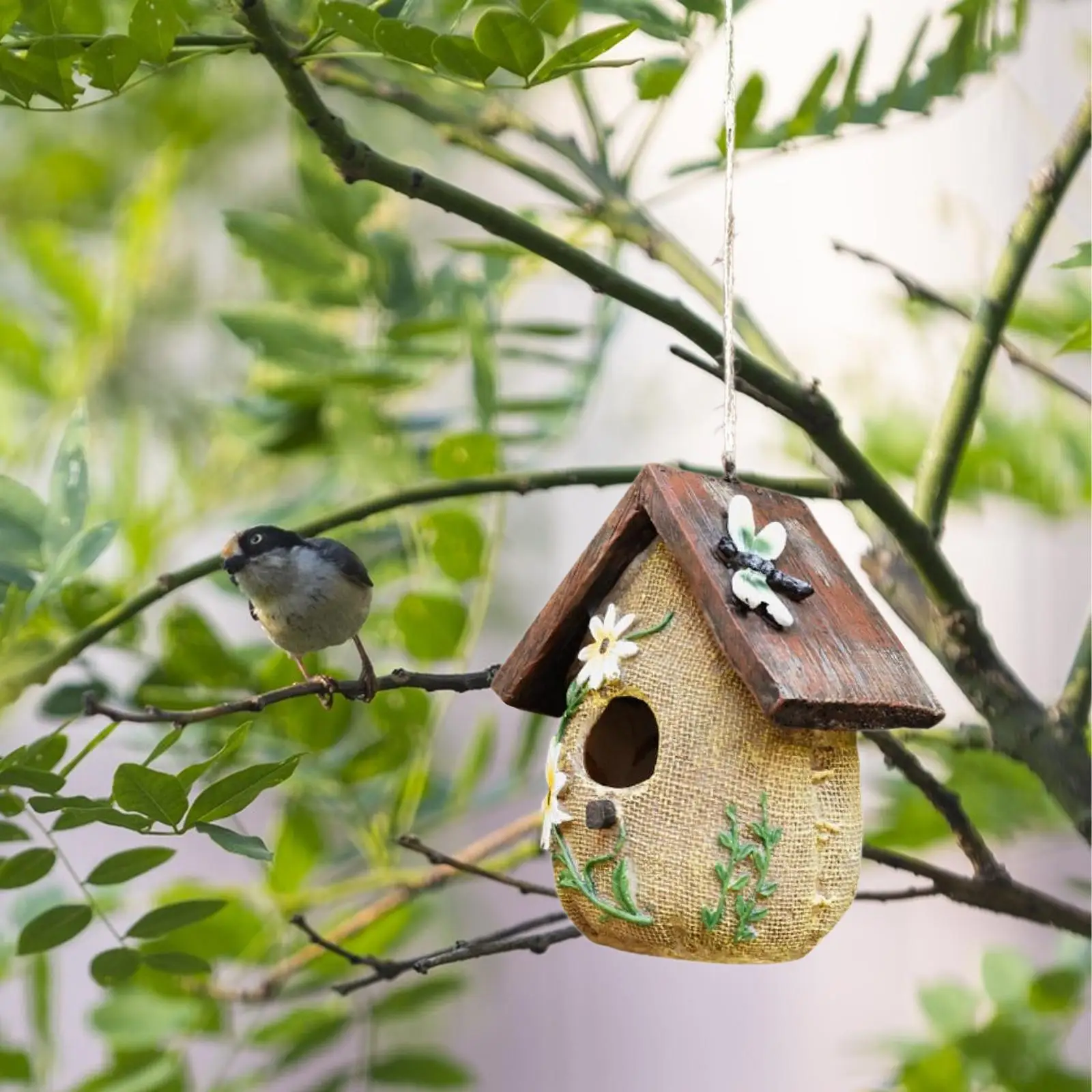 Resin Hanging Bird House Weatherproof Bird Nest Cottage Style Outdoor Bird Hut for Fence Yard Bird Lovers Gift