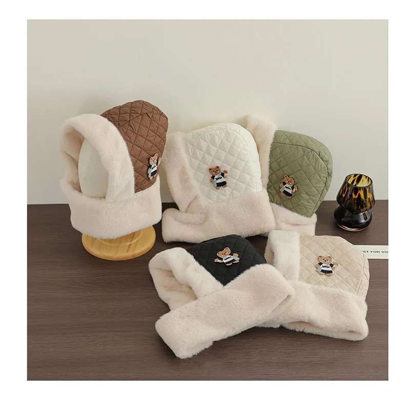 

MILANCEL New Winter Kids Plush Scarf Hat Children 5 Colors Warm Fleece Padded Head Cap Girls Cute Bear Hat