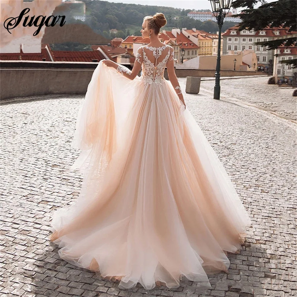 فستان زفاف عتيق برقبة دائرية من الدانتيل وأكمام طويلة مزين بالوهم فساتين زفاف تول سويب تراين Vestidos De Noiva Mariage Civil #1