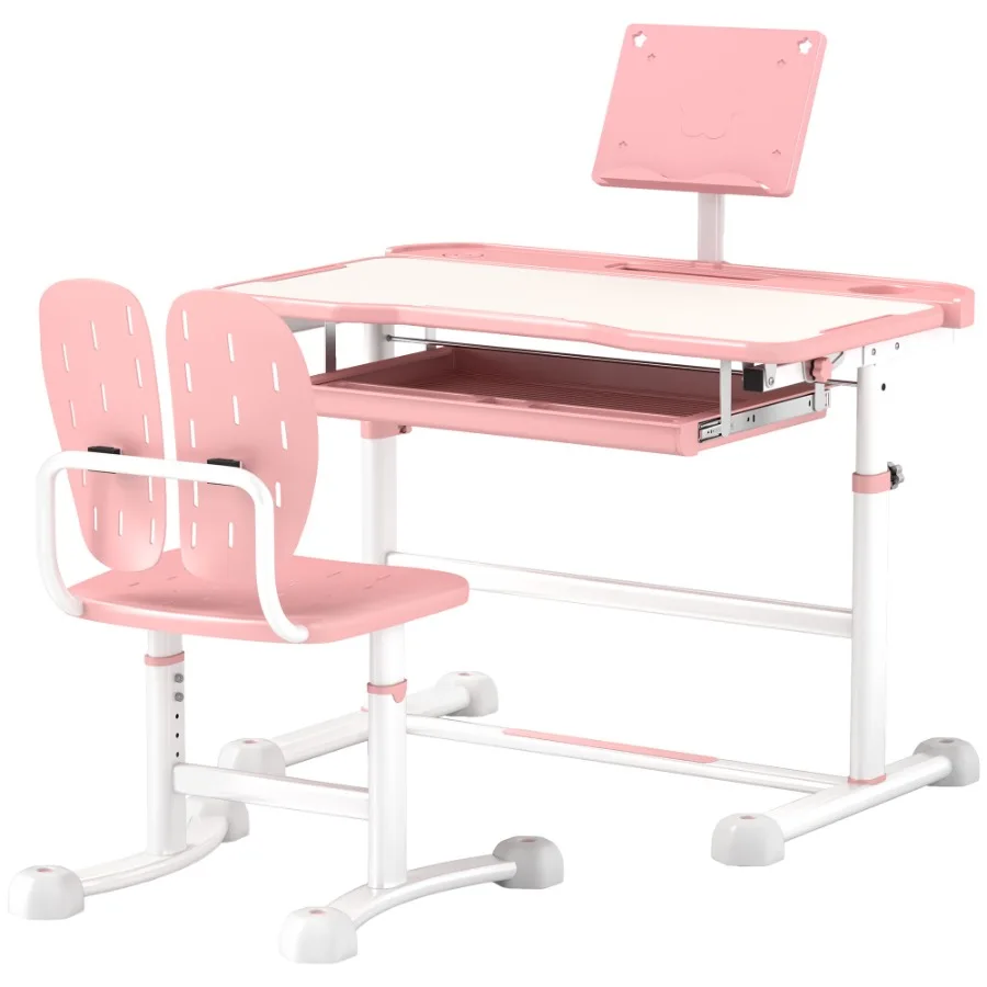 Qaba Adjustable Desk and Chair Set with Tilt Desktop and Storage Pink