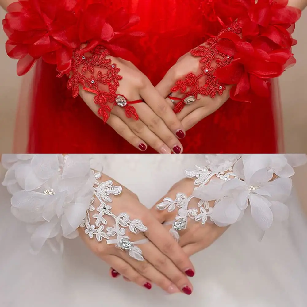 Guantes de boda para novia, guantes cortos florales sin dedos, guantes de vestir de cortesía, guantes de muñeca nupciales con diamantes de imitación para mujer