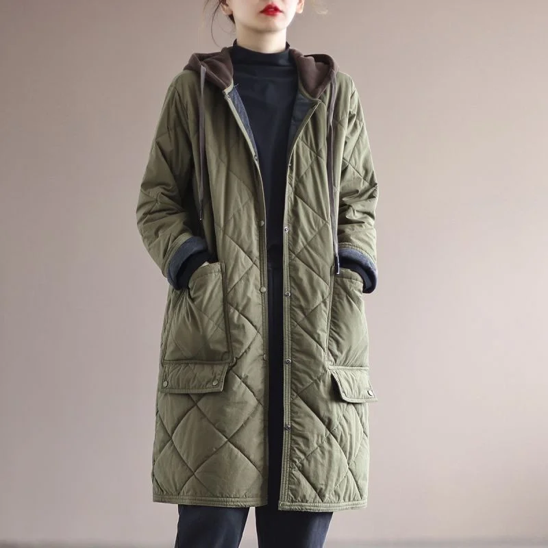 Cotton Jacket Long 2026 New Cotton Jacket Medium Long Loose mom Winter Diamond Grid Cotton Jacket Hooded Women's Coat Commuting