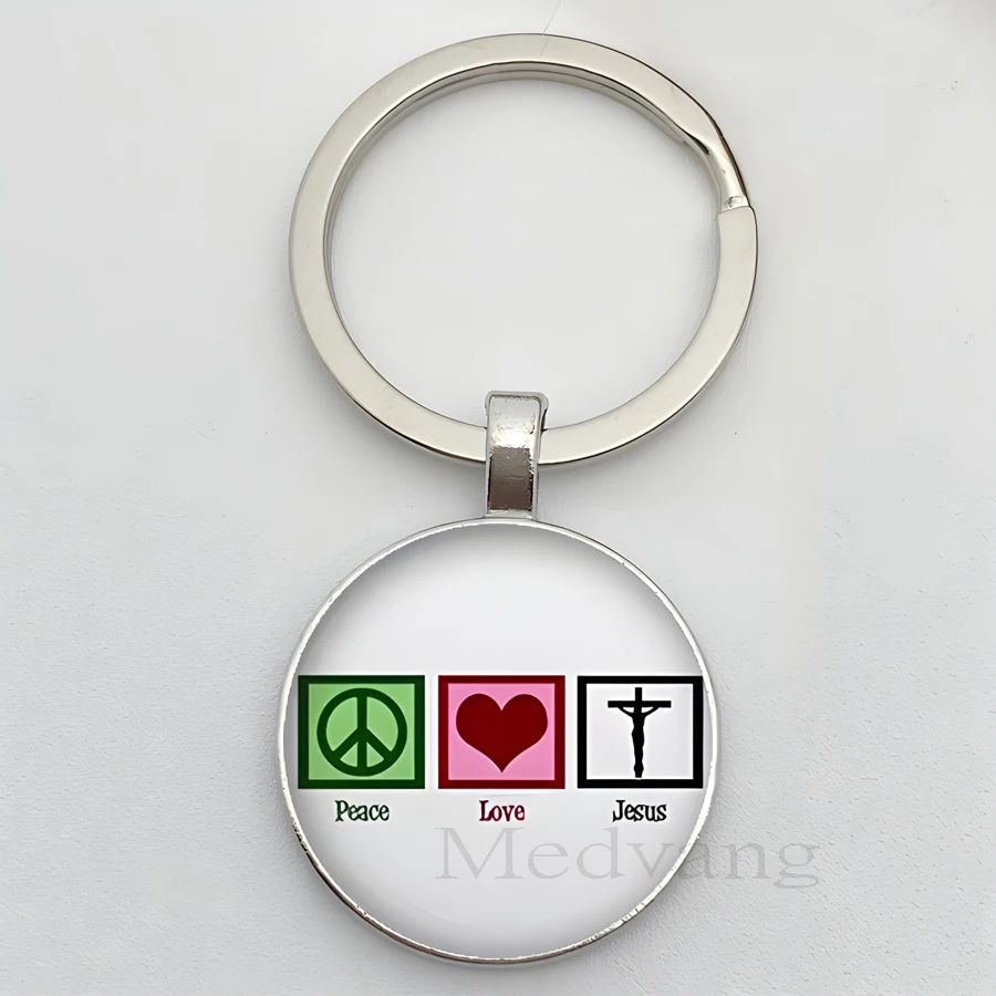 I Love Jesus Logo Fashion Keychain Jesus Pattern Glass Cabochon Car Key Chain Religious Jewelry Prayer Gift