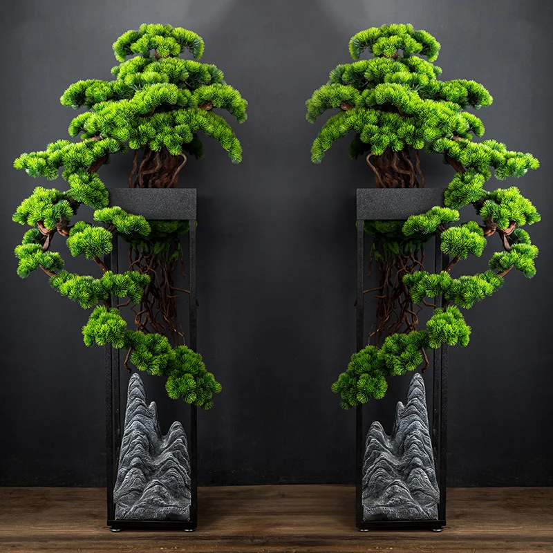 

Welcome Pine Bonsai Living Room on-the-Ground Green Plant Fake Trees New Chinese Hotel Decoration Opening Gift