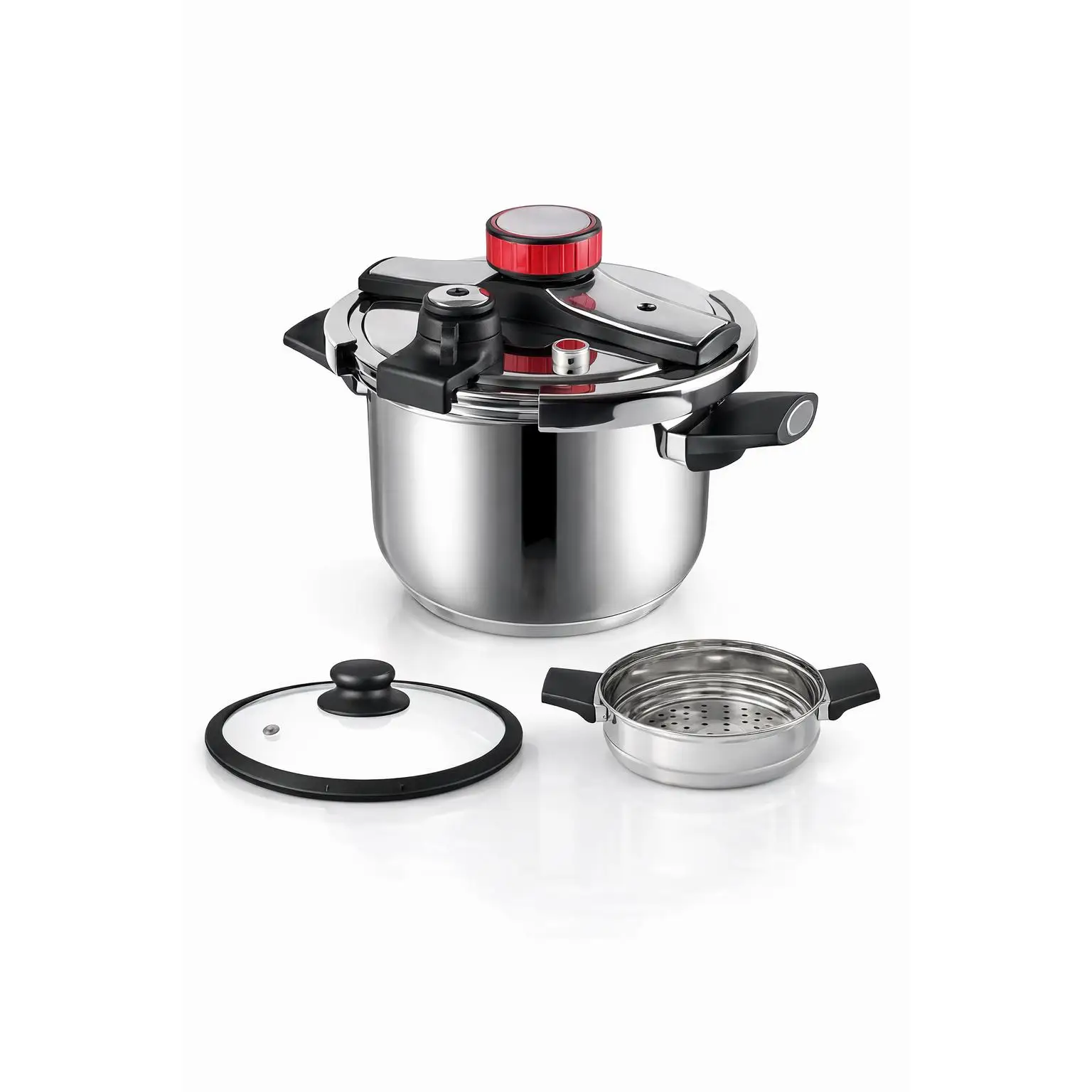Olla a Presión   ROYAL SWISS Automática  4-6-8- 10L de Acero Inoxidable Compatible con Todas las Cocinas, Incluye Accesorios para Cocción al Vapor