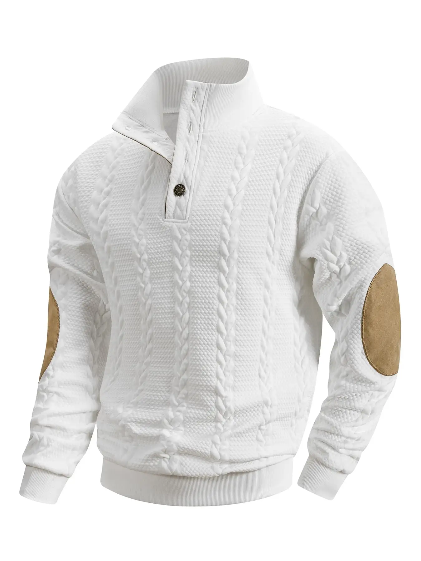 Men's Winter Warm Cable Knit Pullover Fleece Brushed Mock Neck Henley Sweater Stand Collar Button Top Ribbed Cuffs Elbow Patch for Office Commute Daily Cold Weather Layer Wear