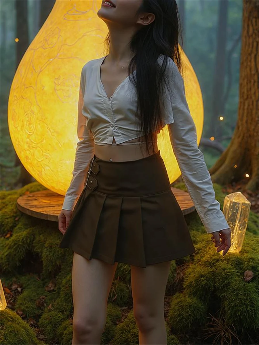 

PU Mini Skirts Women Solid High Waist Pleated A-Line Design for Autumn Streetwear Retro Preppy Everyday Feminine Outfits