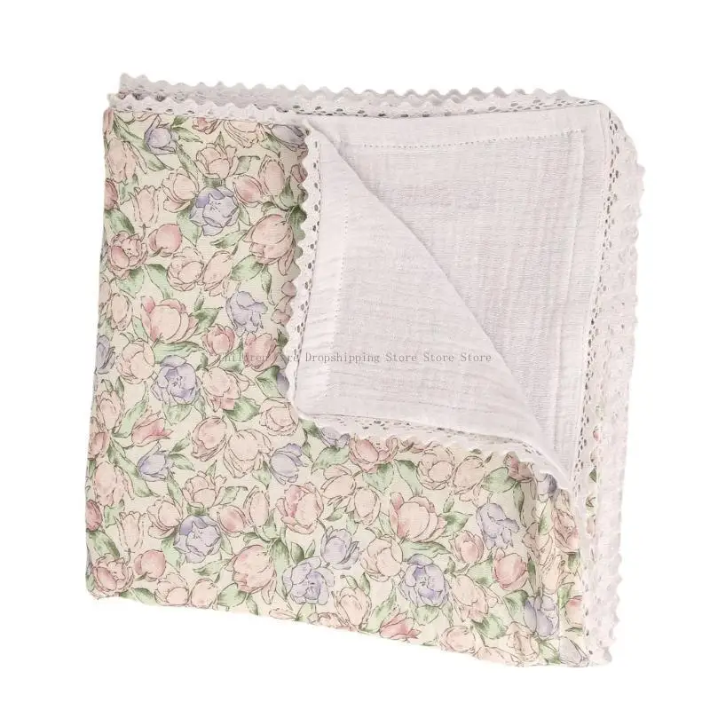 Manta algodón con ribete encaje delicado para bebé, manta cómoda para bebé