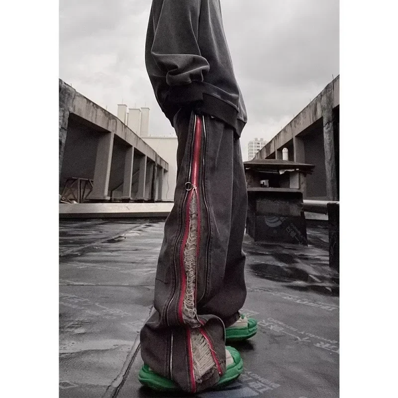 LIBIELIY أربعة مواسم الرجال فضفاض وهمية سستة مخطط رمادي الجينز المظلة السراويل شارع العليا التجفيف السريع العصرية واسعة الساق Dnim P