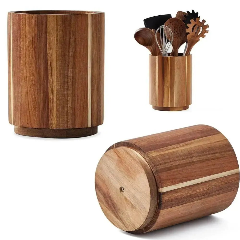 Wooden Kitchen Utensil Holder 16.5cm Rotating Large Fork Organizer 360° Rotatable Rustic Tableware Storage Shelf Pantry Cabinet