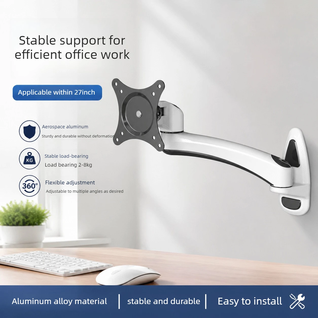 Aluminum Monitor Wall Mount for 27 Inch Screens, Adjustable Tilt, Multi Angle Rotation, Extension, Hidden Cable Management