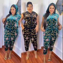 Ins casual slim fit women's suit stretch pleuche diamond-encrusted flower pattern hooded zipper sleeveless pencil pants