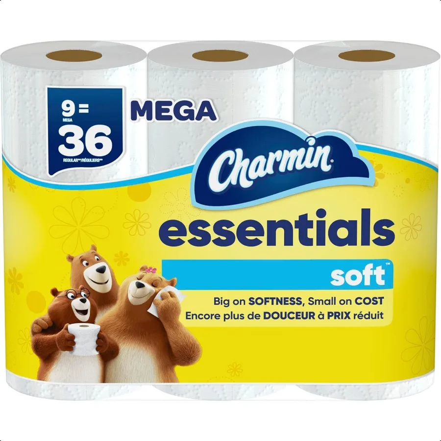 

entials Soft Toilet Paper 9 Mega Rolls = 36 Regular Rolls