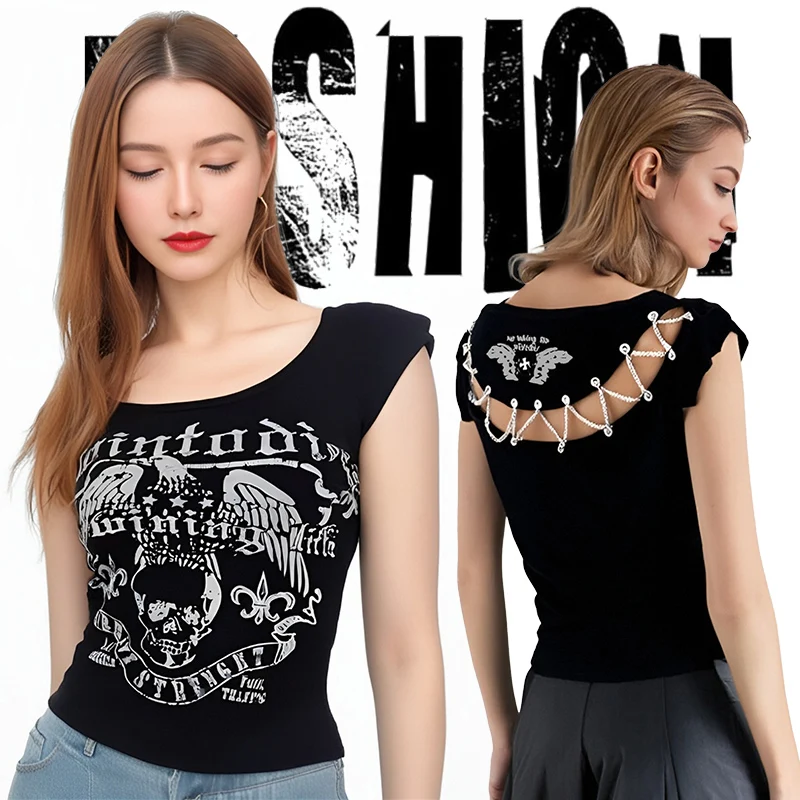 

Subculture Punk Vintage Y2K Tees American Sweet Sexy Short-sleeved T-shirt Women Slim Black Gothic Rock Summer 2024 New Top