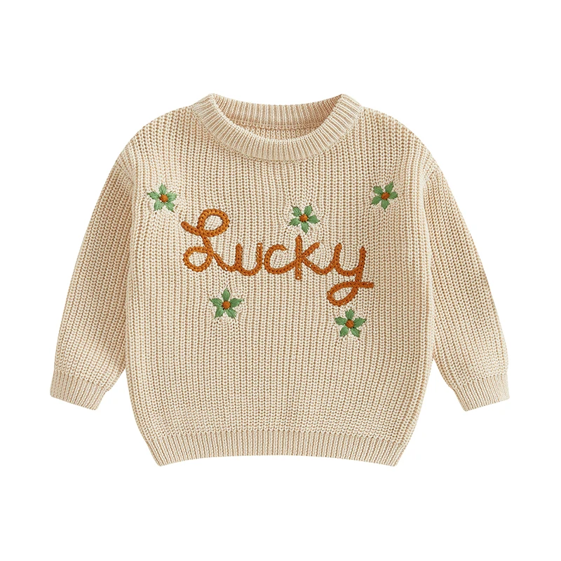 Toddler Girls Boys Sweater Letter Clover Embroidery Long Sleeve Baby Pullovers Ireland Clothes Spring Casual Tops