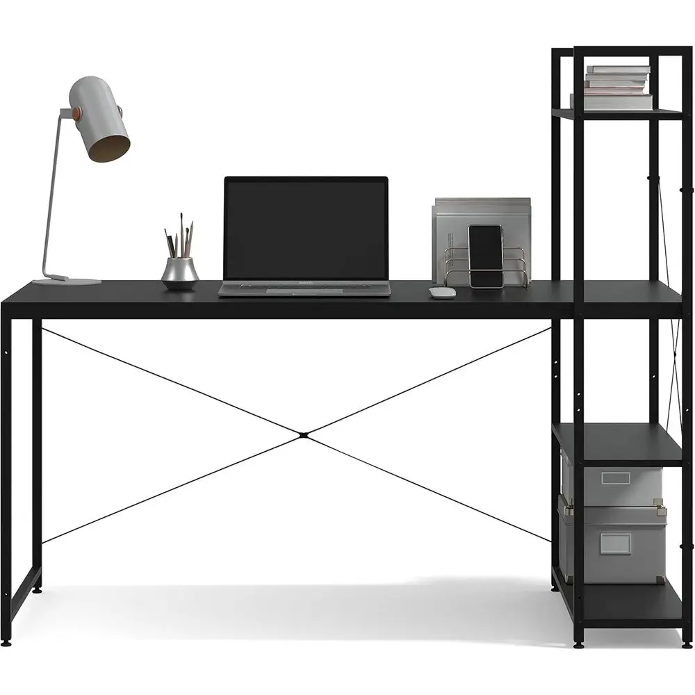 55 مكتب ألعاب مزدوج الجوانب مع أرفف قابلة للتعديل، وإدارة الكابلات، وسهل التجميع للمكتب المنزلي، أسود #4