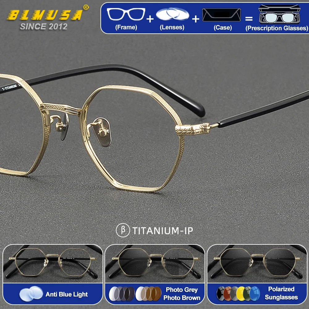 

BLMUSA (S) Men Fashion Polygonal Myopia Eyeware Anti Blue Light Pure Titanium Reading Glasses Can be Customized Prescription