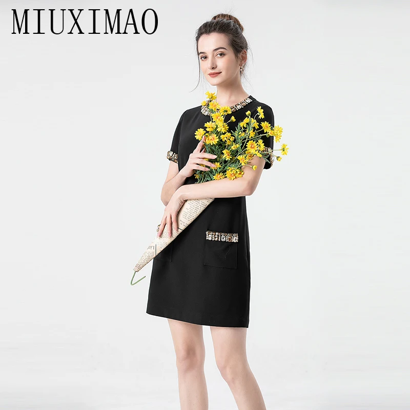 

MIUXIMAO 2023 High Quality Spring&Summer Elegant Dress Short Sleeve O-Neck Diamond Solid Fashion Mini Dress Women Vestides