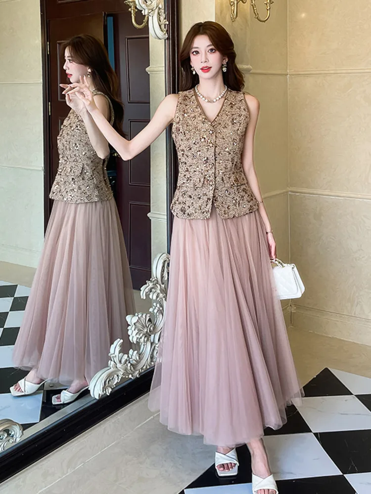 

Женский наряд, роскошный жилет с блестками, топ + длинная юбка, комплект Conjunto Feminino, весна-лето 2024, французский маленький ароматный комплект из 2 предметов