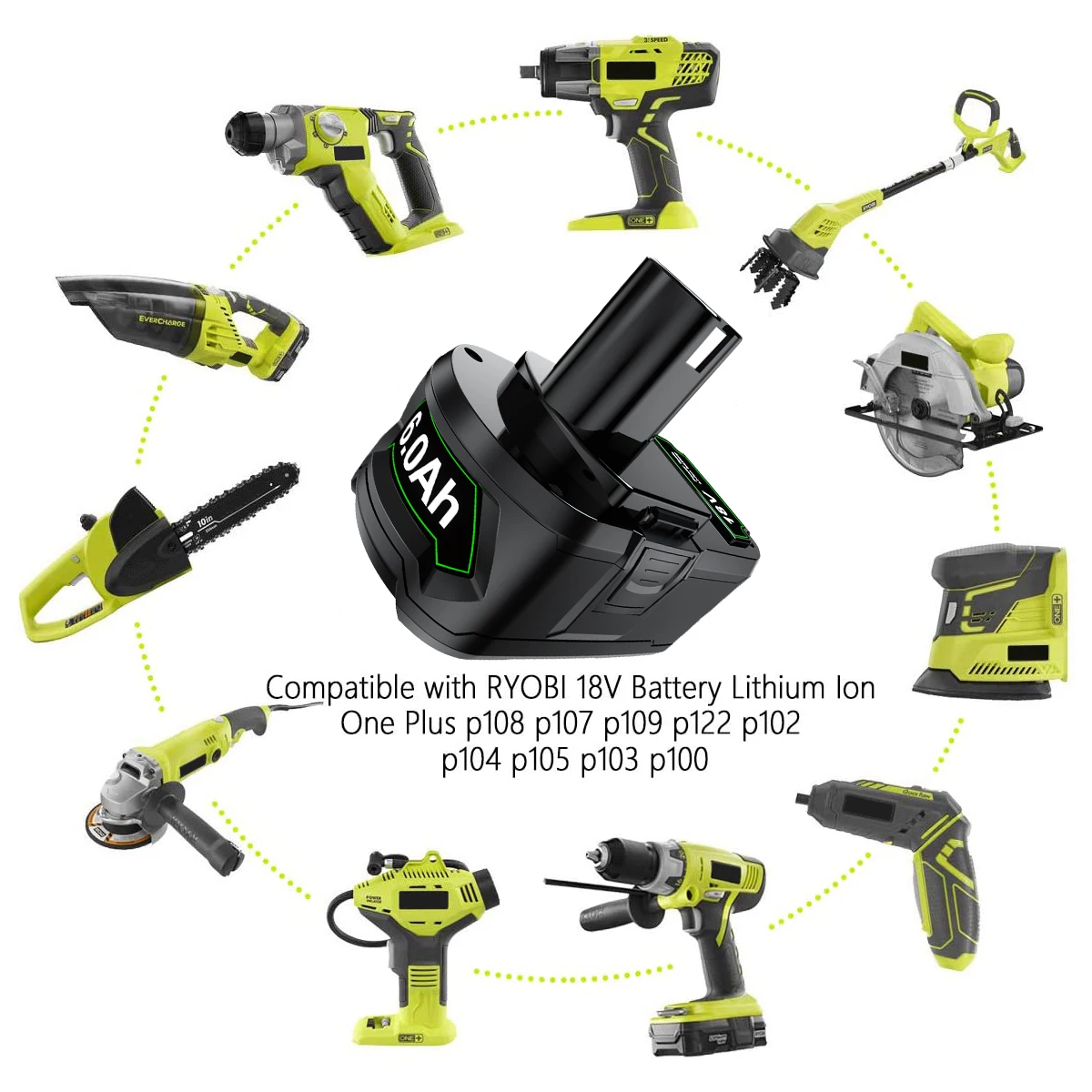 6000mah Battery Lithium For Ryobi P108 P102 P103 P104 P105 Battery Cordless Drill Tool 18-Volt For One+ With Tool Battery Holder