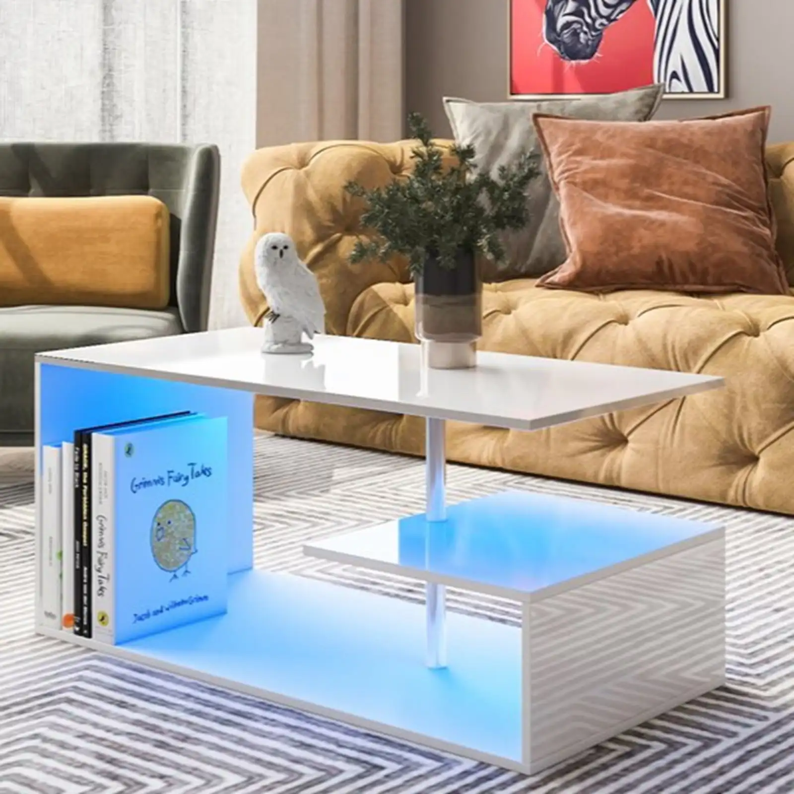 

High Gloss White Coffee Table with LED Lights Open Shelf Smart APP Control S Shaped Modern Sofa Side End Table for Living Room