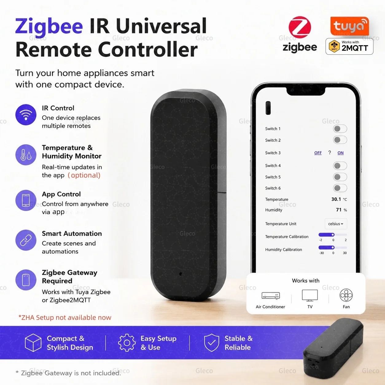 Control remoto IR inalámbrico Zigbee, controlador de temperatura y humedad, automatización del hogar inteligente para 2MQTT TUYA Zigbee Gateway