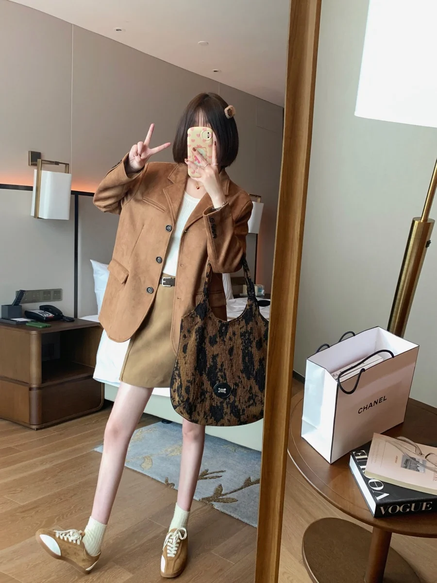 

Suede Vest Spring New Sle Korean Loose Retro Small Collar Marbled Jaet Women's Busin Suit Outerwear Long Sve