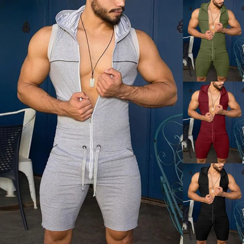 Men Bodysuit Sleeveless One Piece Hooded Vest Undershirts Leotard Zipper Tracksuit Jumpsuit Wrestling Singlet Pajamas Rompers