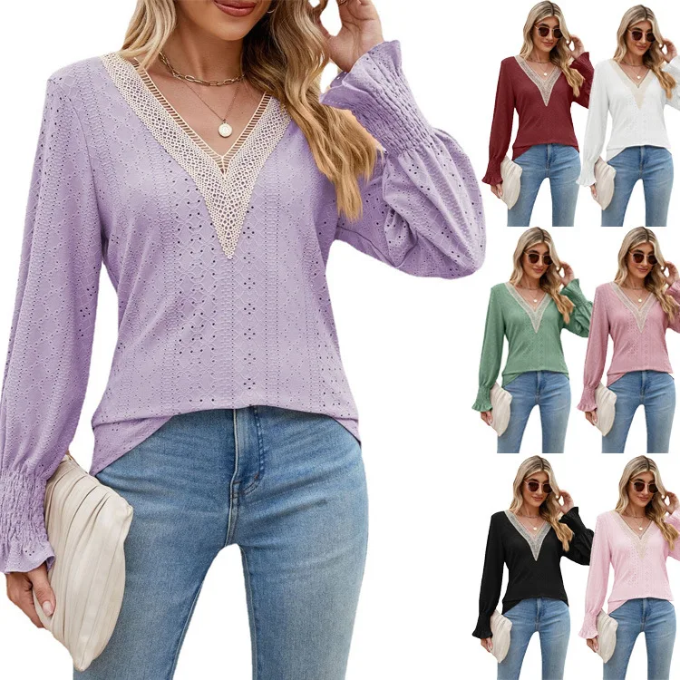 2024 Spring Summer Women's Long Sleeve T-shirt New Solid Lace Patchwork V-neck Long Sleeved Loose Fitting T-shirt Female Top