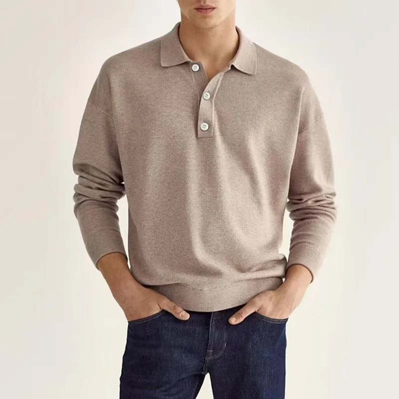 Men's long-sleeved lapel polo shirt, loose-fitting and casual golf sports T-shirt, button-down top for work occasions