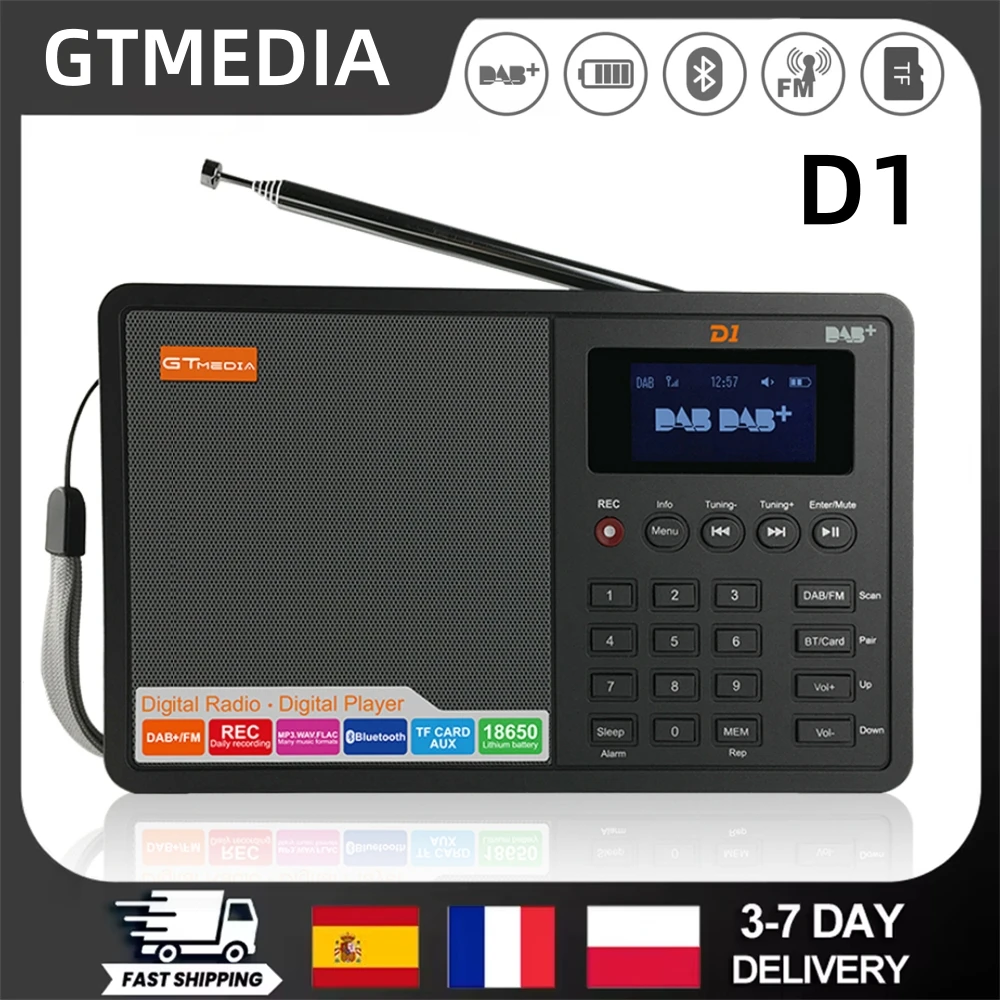 Radio portable GTMEDIA D1 DAB/FM avec prise en charge Bluetooth/carte TF, lecteur MP3 numérique, enregistrement, horloge/réveil/minuterie de sommeil avec sauvegarde de l'heure et entrée AUX