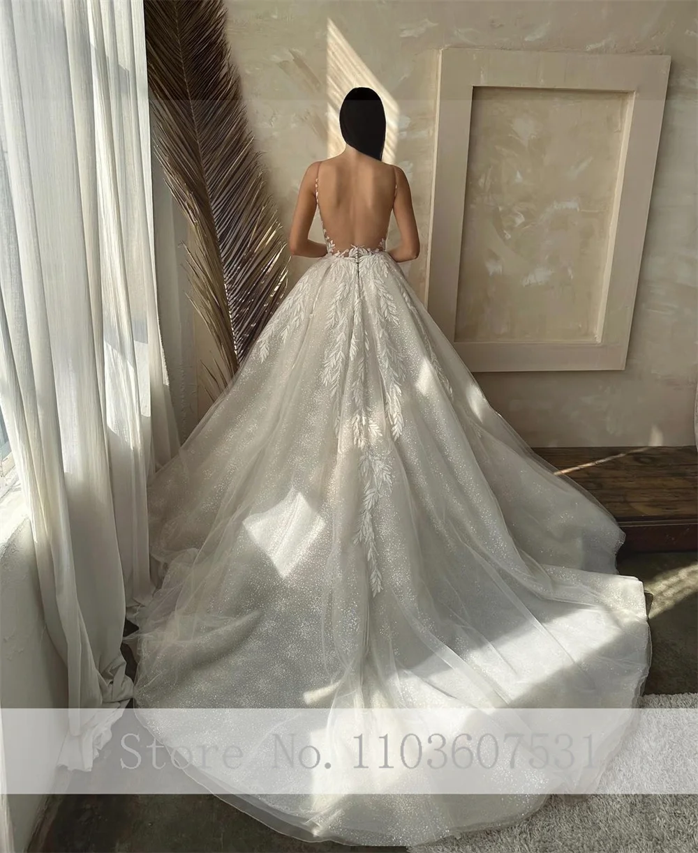 Spaghetti Straps Appliques Lace Tulle Wedding Dress A-line Court Backless Side Slit Wedding Bridal Gown vestidos de novia