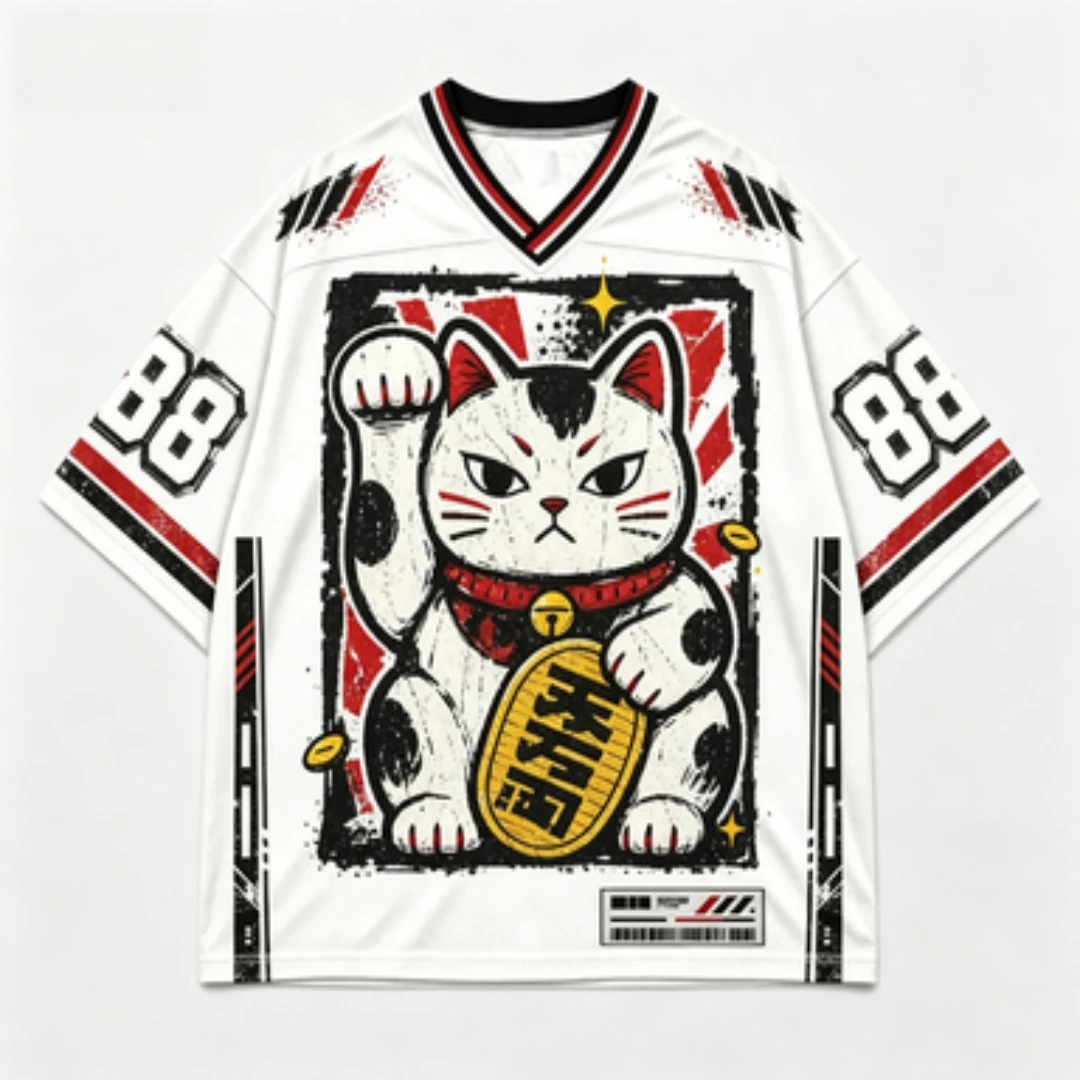 3D Full Print Lucky Cat Pattern V-neck Short Sleeve White Red Number 88 Retro Street Style Lucky Cat Top