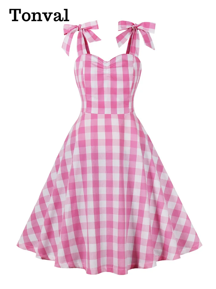 Tonval Pink and White Gingham Bow Tie Strap Backless Summer Dresses for Women 2023 Sweetheart Neck 100% Cotton Vintage Dress