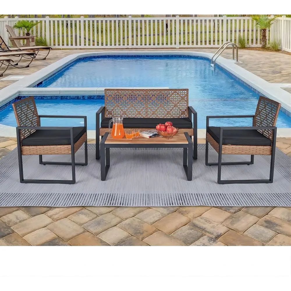 4-Piece Wicker Patio Furniture Set with Acacia Wood Table, Adjustable Legs, Waterproof Cushions - Brown & Black