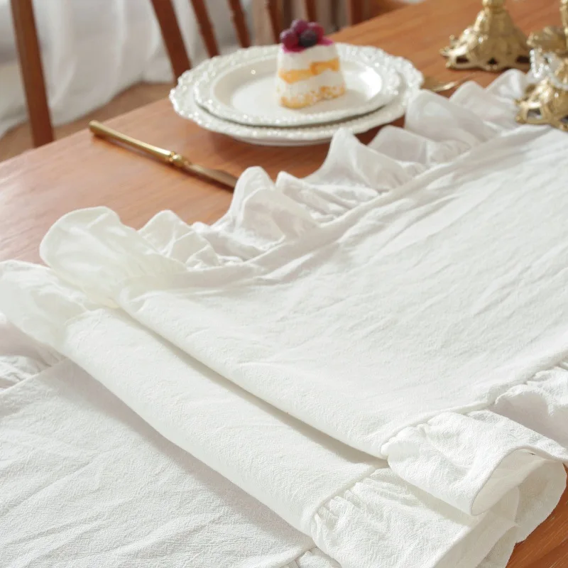 Luxury Solid Color Cotton Table Runner Vintage Ruffled Edge Table Runner Dining Vintage Wedding Party Christmas Linen Decoration