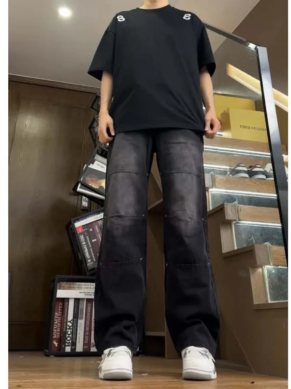 

Loose Straight Leg Men's Jeans Rivet Patchwork Waed Bell Bot American High Street Sle Faionable Wide Leg Trousers
