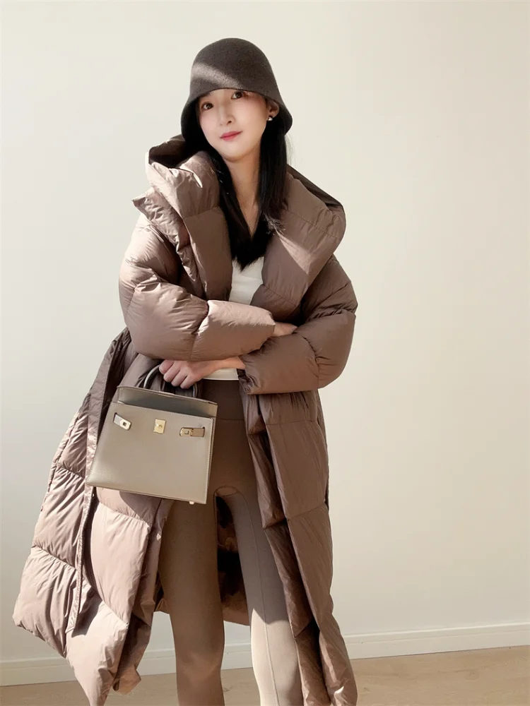 Long Coats Down Fashion Slim with Belt Women\'s Coat Solid Elegant Fake Two-piece 90% Duck Down Jacket  Warm Hooded Snow Outwear