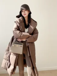 Long Coats Down Fashion Slim with Belt Women's Coat Solid Elegant Fake Two-piece 90% Duck Down Jacket  Warm Hooded Snow Outwear