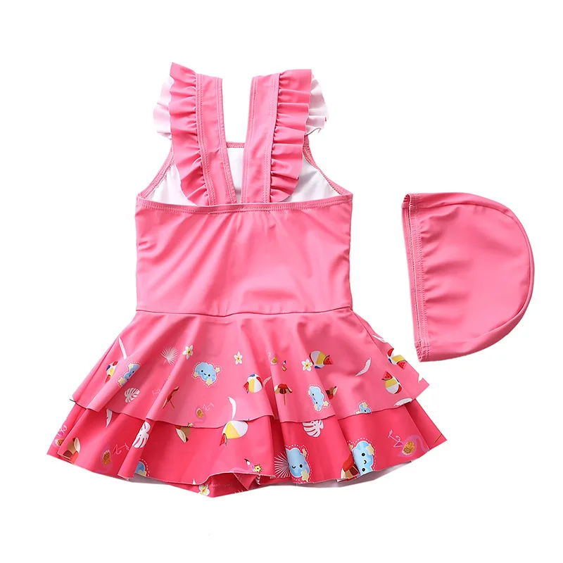 HappyFlute New One-piece Children Flat Angle Double Skirt With Swimming Cap  Girl Swimsuit