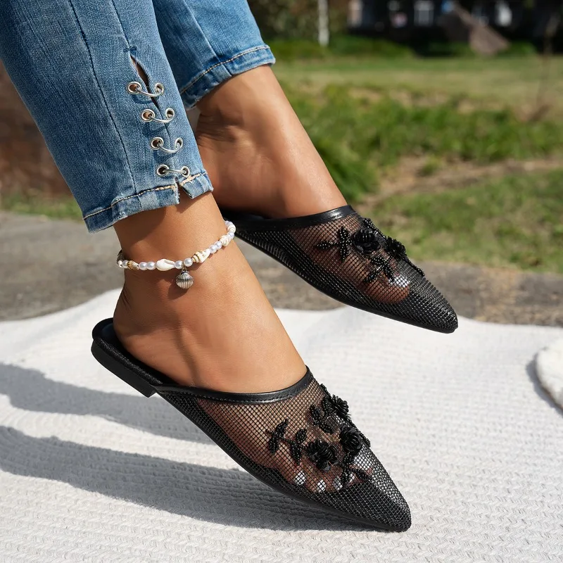 Autumn Mesh Flat Bottom Baotou Half-drag Embroidered Flowers Breathable Outside Lazy Sandals