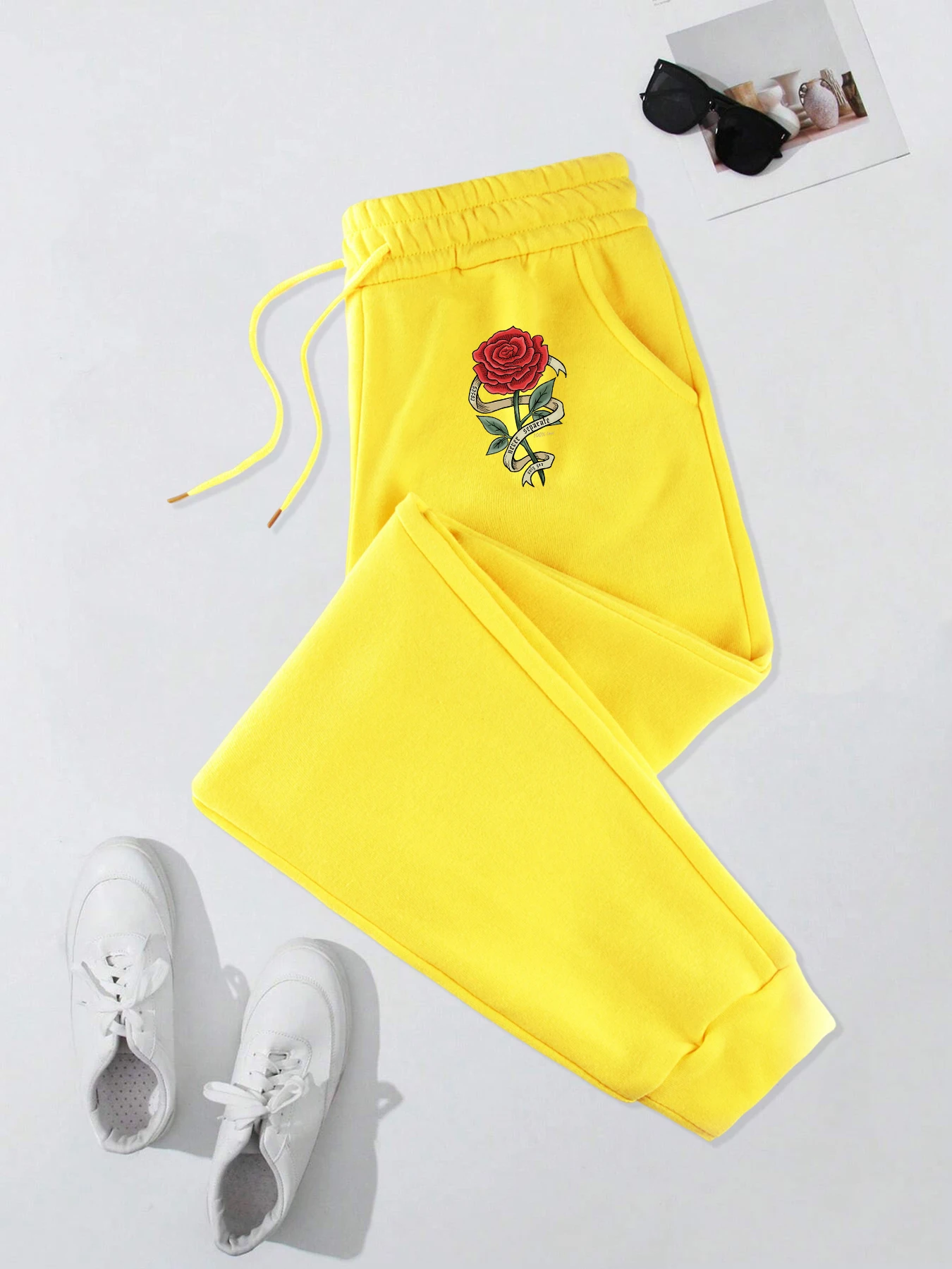 

Ribbon Rose Pattern Men Sweatpants Fleece Fashion Male Pant Pocket Vintage Trousers Autumn Winter Pants Comfy Warm Sportpants