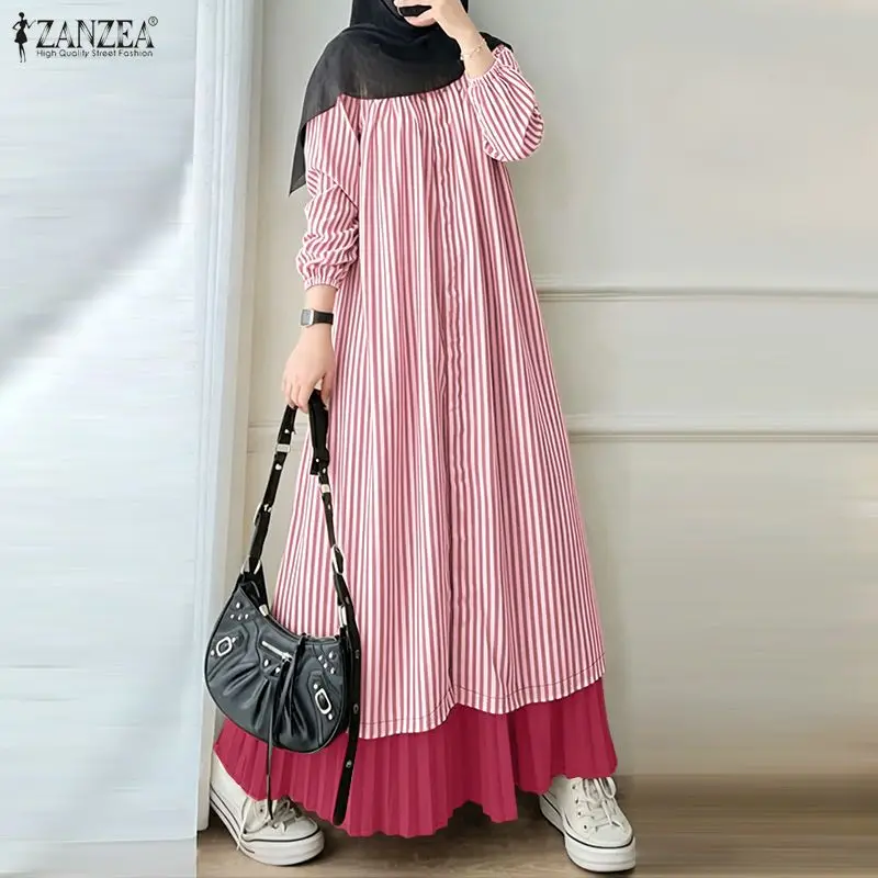 ZANZEA Modest Gestreiftes Patchwork Muslimisches Abaya-Kleid Hijab Robe Femme Mode Damen Langarm Plissiertes Sommerkleid Lässiger Kaftan 2026