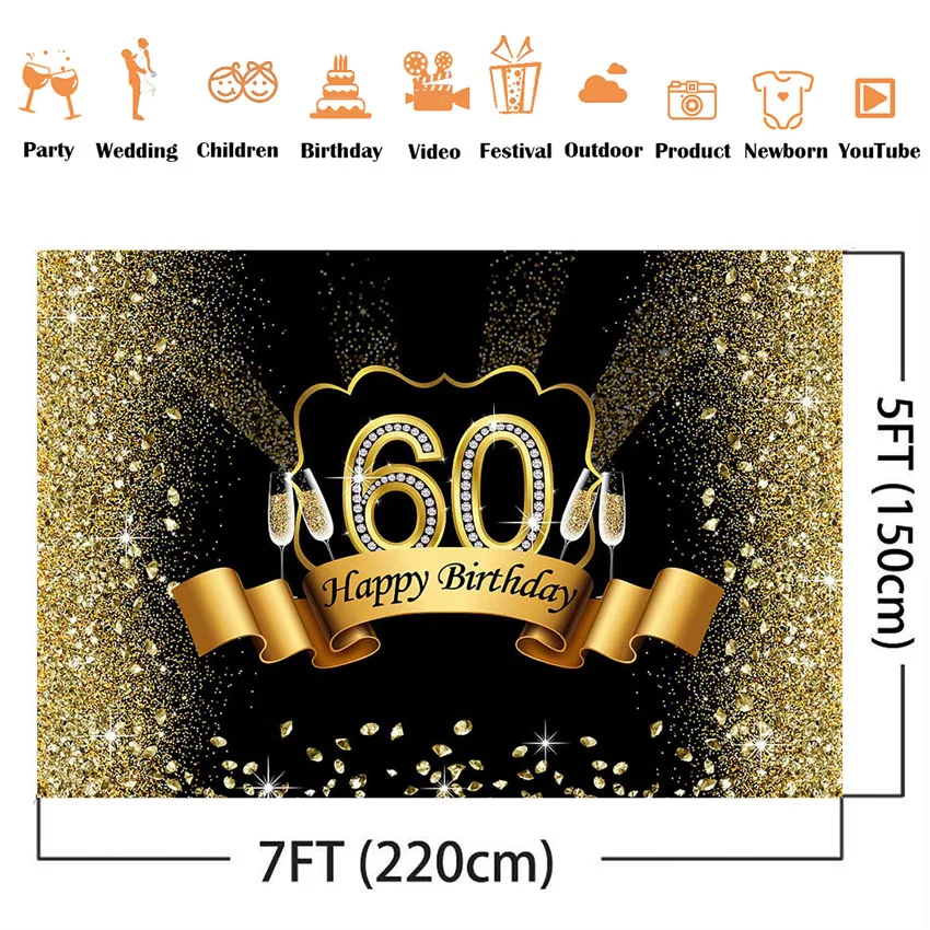 60th Birthday Backdrop Gold Glitter Happy Birthday Theme Party Background Champagne Gold Diamonds Sixty Birthday Backdrop Custom