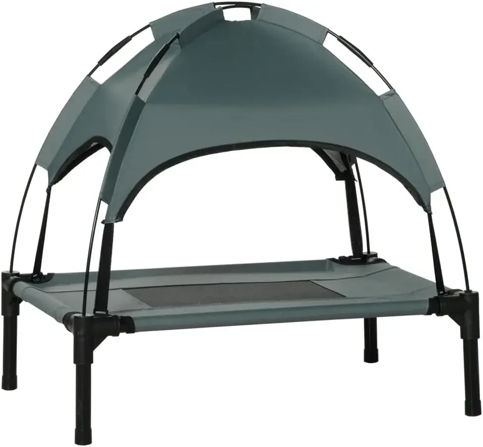 Elevated Dog Bed with UV Protection Canopy Shade, Portable Cot Style Pet Bed for Medium Dogs, Gray Metal Frame