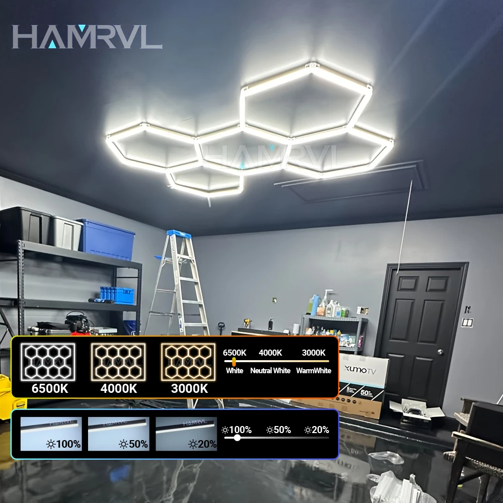 Éclairage LED hexagonal dimmable pour garage, plafonniers pour barbier, changement de couleur 6000K/4000K/3000K, tube nid d'abeille, salle de sport, atelier
