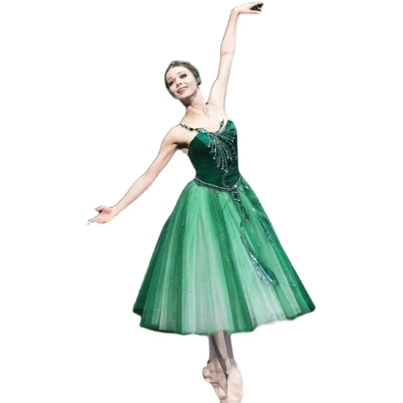 Jupe de Ballet pour enfants, robe de spectacle du lac des cygnes, longue robe de Ballet en velours vert, justaucorps de Ballet pour filles, robe de ballerine pour femmes