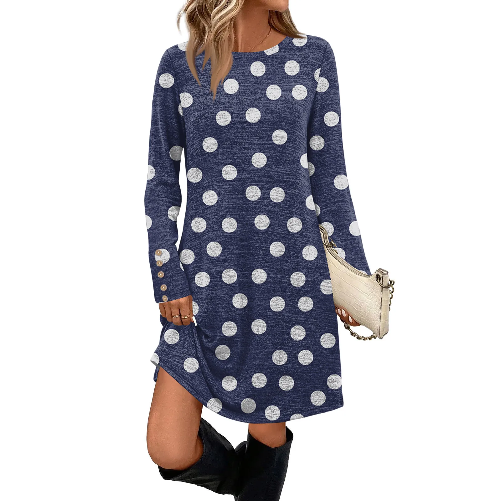 เดรสยาวแขนยาว คอทรงโอ ทรงหลวม สไตล์ลำลอง สำหรับผู้หญิง ลายจุด แต่งระบาย แฟชั่นสำหรับวันหยุด