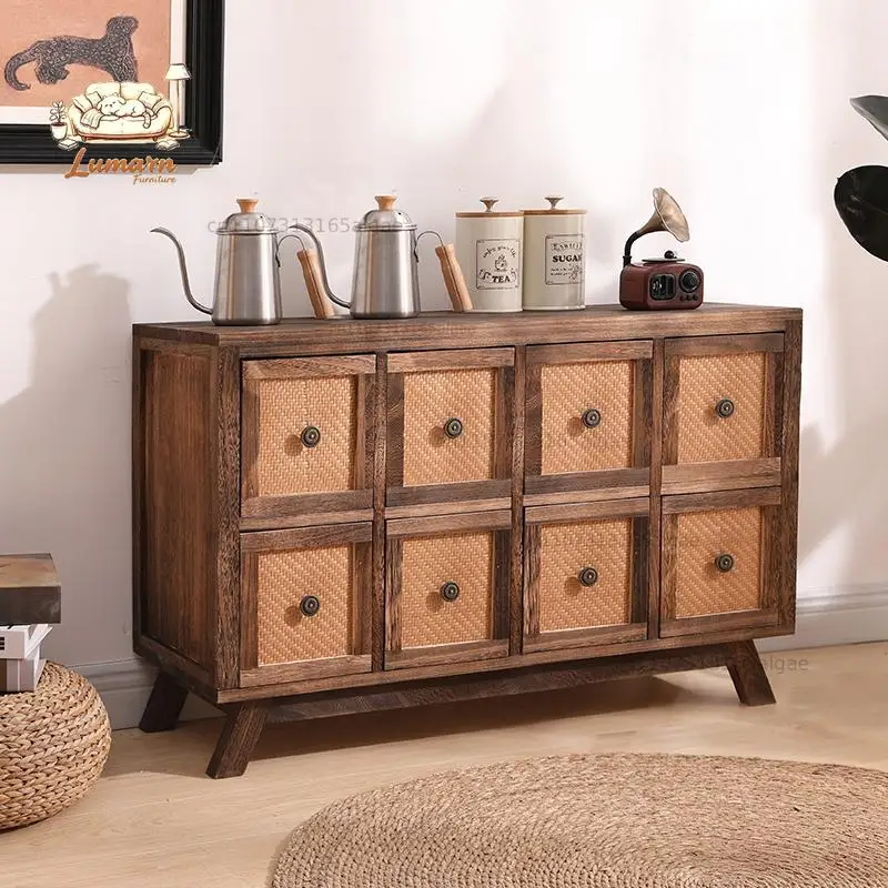 American chest cabinet retro storage cabinet rattan solid wood locker living room side cabinet new Chinese combination drawe